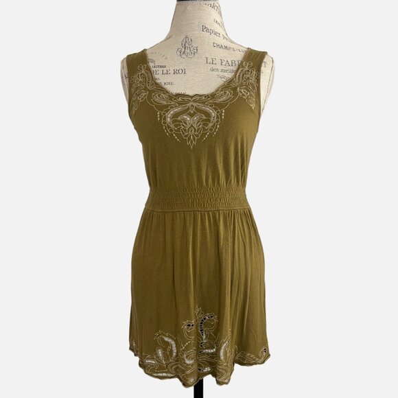 Boho Olive Green Embroidered Mini Dress - Sleeveless, Smocked Waist- M - Picture 1 of 11